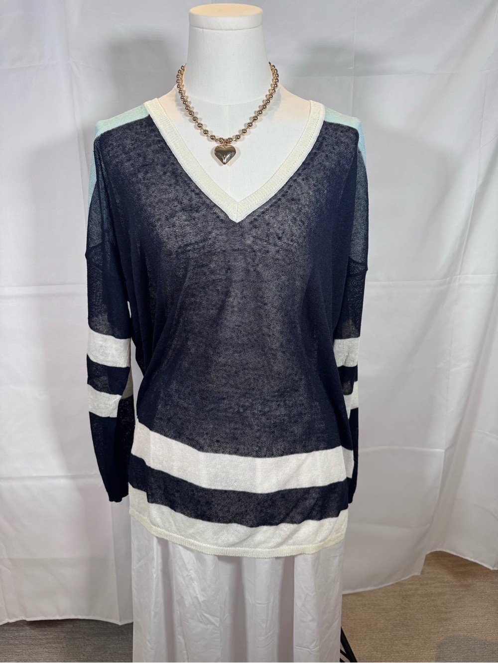 525 America Navy & White Sheer V-Neck Striped Pullover